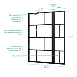 Aurlane Pare baignoire avec volet pivotant - profile noir mat - 130x104 (HxL) - verre 5mm sérigraphié
