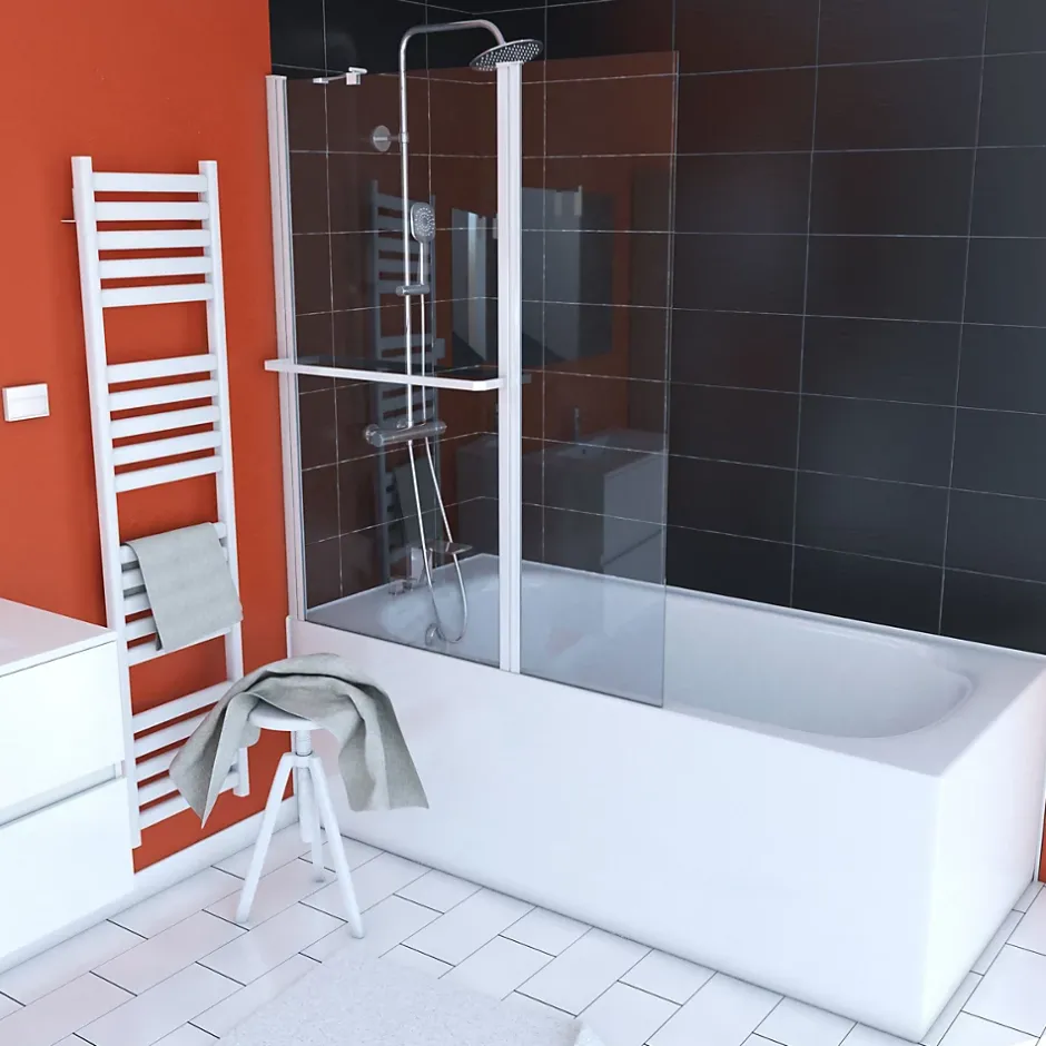 Aurlane PARE BAIGNOIRE AVEC VOLET PIVOTANT 130x105cm PROFILE ALUMINIUM LAQUE BLANC ET VERRE TRANSPARENT