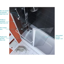 Aurlane PARE BAIGNOIRE AVEC VOLET PIVOTANT 130x105cm PROFILE ALUMINIUM LAQUE BLANC ET VERRE TRANSPARENT