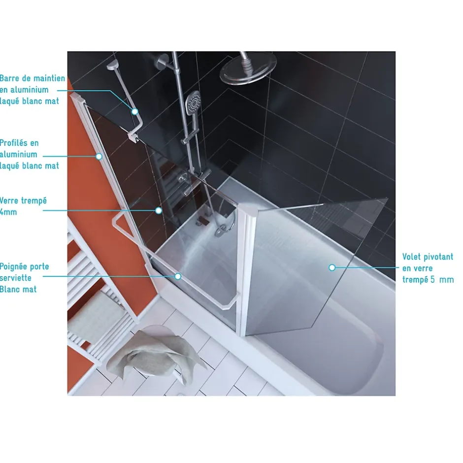 Aurlane PARE BAIGNOIRE AVEC VOLET PIVOTANT 130x105cm PROFILE ALUMINIUM LAQUE BLANC ET VERRE TRANSPARENT