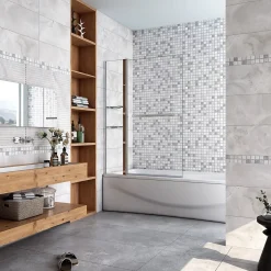 AICA Sanitaire Pare baignoire chromé pivotant L.100 x 140 cm avec 2 étagères et porte-serviette - 6mm verre sécurité