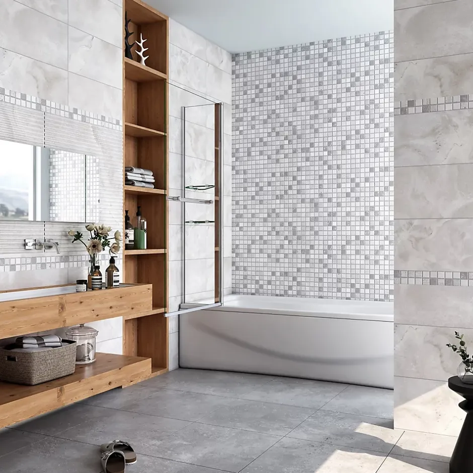 AICA Sanitaire Pare baignoire chromé pivotant L.100 x 140 cm avec 2 étagères et porte-serviette - 6mm verre sécurité