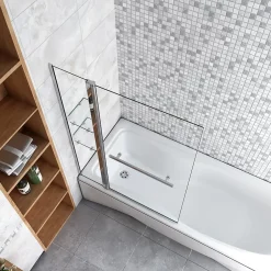 AICA Sanitaire Pare baignoire chromé pivotant L.100 x 140 cm avec 2 étagères et porte-serviette - 6mm verre sécurité