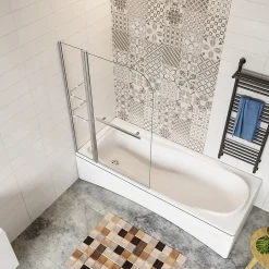 AICA Sanitaire Pare baignoire chromé pivotante L.120 x 140 cm avec 2 étagères - 6mm verre sécurité - solution pratique, élégante* Pare-Baignoire