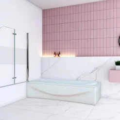 AICA Sanitaire Pare baignoire Chrome au angle arrondis pivotant 180 degrés L100xH140cm, 6mm verre anticalcaire avec bande central dépoli* Pare-Baignoire