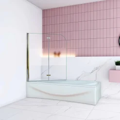 AICA Sanitaire Pare baignoire Chrome au angle arrondis pivotant 180 degrés L100xH140cm, 6mm verre anticalcaire avec bande central dépoli* Pare-Baignoire