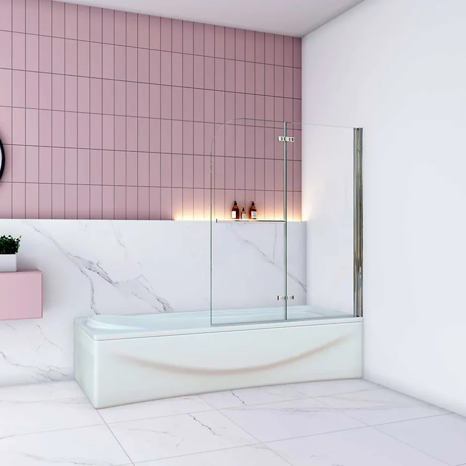 AICA Sanitaire Pare baignoire Chrome au angle arrondis pivotant 180 degrés,L100xH140cm, 6mm verre anticalcaire avec porte serviette* Pare-Baignoire