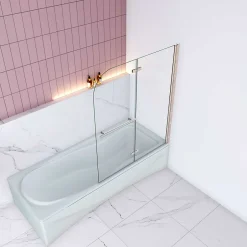 AICA Sanitaire Pare baignoire Chrome au angle arrondis pivotant 180 degrés,L100xH140cm, 6mm verre anticalcaire avec porte serviette* Pare-Baignoire