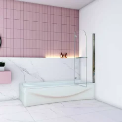AICA Sanitaire Pare baignoire Chrome au angle arrondis pivotant 180 degrés,L100xH140cm, 6mm verre anticalcaire avec porte serviette* Pare-Baignoire