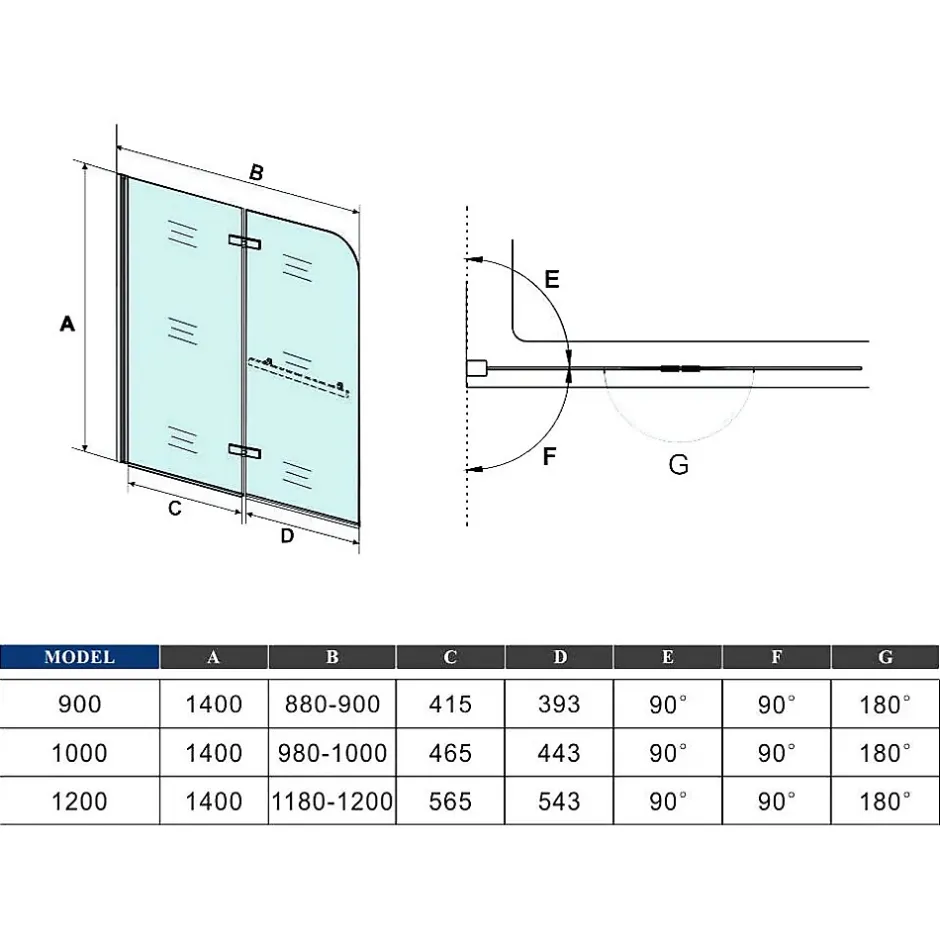 AICA Sanitaire Pare baignoire Chrome au angle arrondis pivotant 180 degrés,L100xH140cm, 6mm verre anticalcaire avec porte serviette* Pare-Baignoire