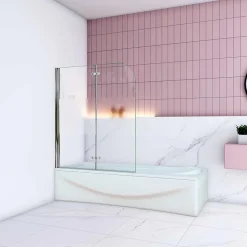 AICA Sanitaire Pare baignoire Chrome au angle arrondis pivotant 180 degrés L90xH140cm,6mm verre anticalcaire avec bande central dépoli* Pare-Baignoire