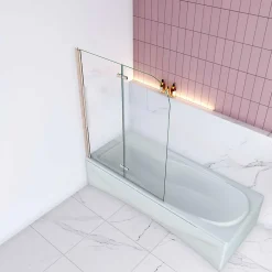 AICA Sanitaire Pare baignoire Chrome au angle arrondis pivotant 180 degrés L90xH140cm,6mm verre anticalcaire avec bande central dépoli* Pare-Baignoire