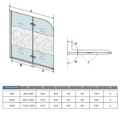 AICA Sanitaire Pare baignoire Chrome au angle arrondis pivotant 180 degrés L90xH140cm,6mm verre anticalcaire avec bande central dépoli* Pare-Baignoire