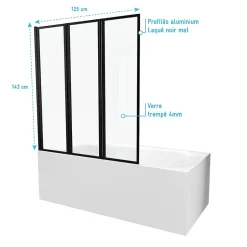 Aurlane Pare baignoire Pivotant 3 Volets Noir Mat - 125x143 cm - Verre Trempé 4 mm - ZAGGY DARK
