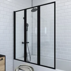 Aurlane Pare baignoire Pivotant 3 Volets Noir Mat - 125x143 cm - Verre Trempé 4 mm - ZAGGY DARK