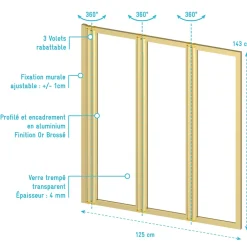 Aurlane Pare baignoire Pivotant 3 Volets Or Brossé - 125x143 cm - Verre Trempé 4 mm - ZAGGY GOLD* Pare-Baignoire