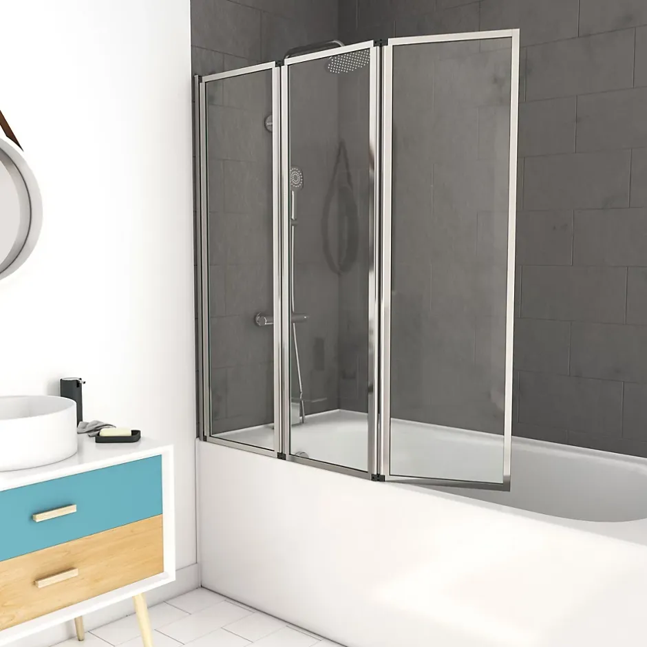 Aurlane Pare baignoire Pivotant 3 Volets Chrome - 125x143 cm - Verre Trempé 4 mm - ZAGGY CHROME* Pare-Baignoire