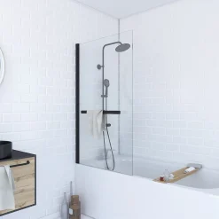 Aurlane Pare baignoire Pivotant avec Porte-Serviette 85x150cm - Profilé Noir - Verre 6mm - TSHAPE DARK