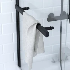 Aurlane Pare baignoire Pivotant avec Porte-Serviette 85x150cm - Profilé Noir - Verre 6mm - TSHAPE DARK