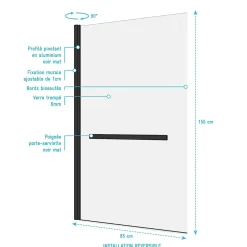 Aurlane Pare baignoire Pivotant avec Porte-Serviette 85x150cm - Profilé Noir - Verre 6mm - TSHAPE DARK