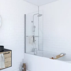 Aurlane Pare baignoire Pivotant avec Porte-Serviette 85x150cm - Profilé Chrome - Verre 6mm - TSHAPE CHROMED