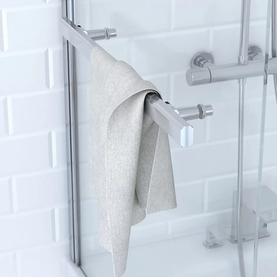 Aurlane Pare baignoire Pivotant avec Porte-Serviette 85x150cm - Profilé Chrome - Verre 6mm - TSHAPE CHROMED