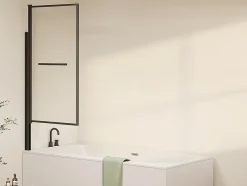 Vente-unique Pare baignoire pivotant et relevable avec porte serviette - Noir mat - 80 x 140 cm - VESLIRA