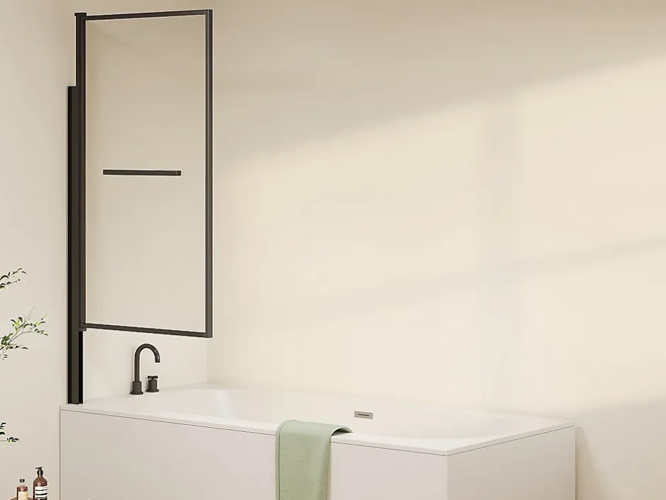 Vente-unique Pare baignoire pivotant et relevable avec porte serviette - Noir mat - 80 x 140 cm - VESLIRA