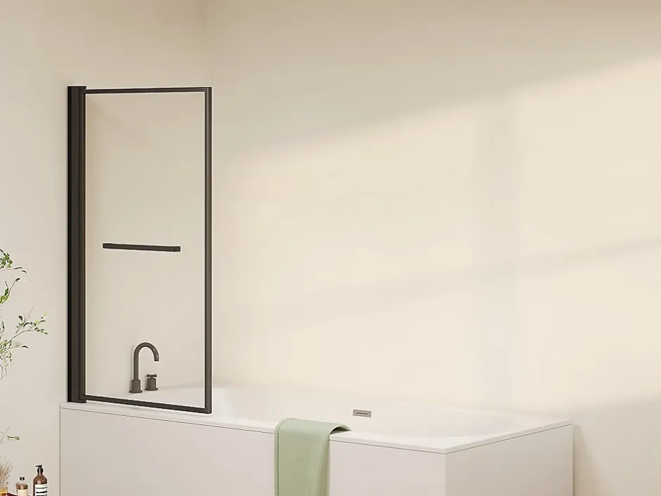 Vente-unique Pare baignoire pivotant et relevable avec porte serviette - Noir mat - 80 x 140 cm - VESLIRA