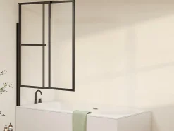 Vente-unique Pare baignoire pivotant et relevable avec porte serviette - Noir mat - 120 x 140 cm - VESLIRA