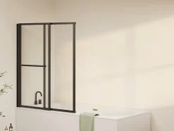 Vente-unique Pare baignoire pivotant et relevable avec porte serviette - Noir mat - 120 x 140 cm - VESLIRA