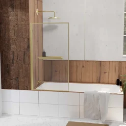 Galedo Pare baignoire pivotant l.80 x H.140 cm profilés doré brossé avec porte serviette et étagère, Edge
