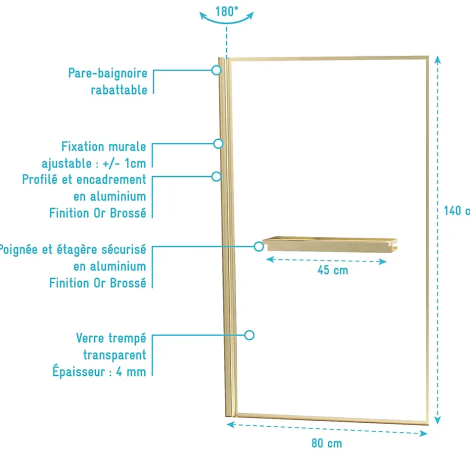 Galedo Pare baignoire pivotant l.80 x H.140 cm profilés doré brossé avec porte serviette et étagère, Edge
