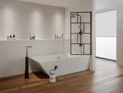 Vente-unique Pare baignoire pivotant style industriel - 70 x 140 cm - Noir mat - Verre - RIVANON