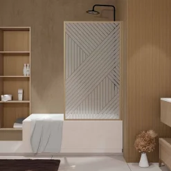 Aurlane Pare baignoire pivotant 140x80 cm HINATA - style Japandi géométrique - Cadre effet bois - Verre 5 mm* Pare-Baignoire