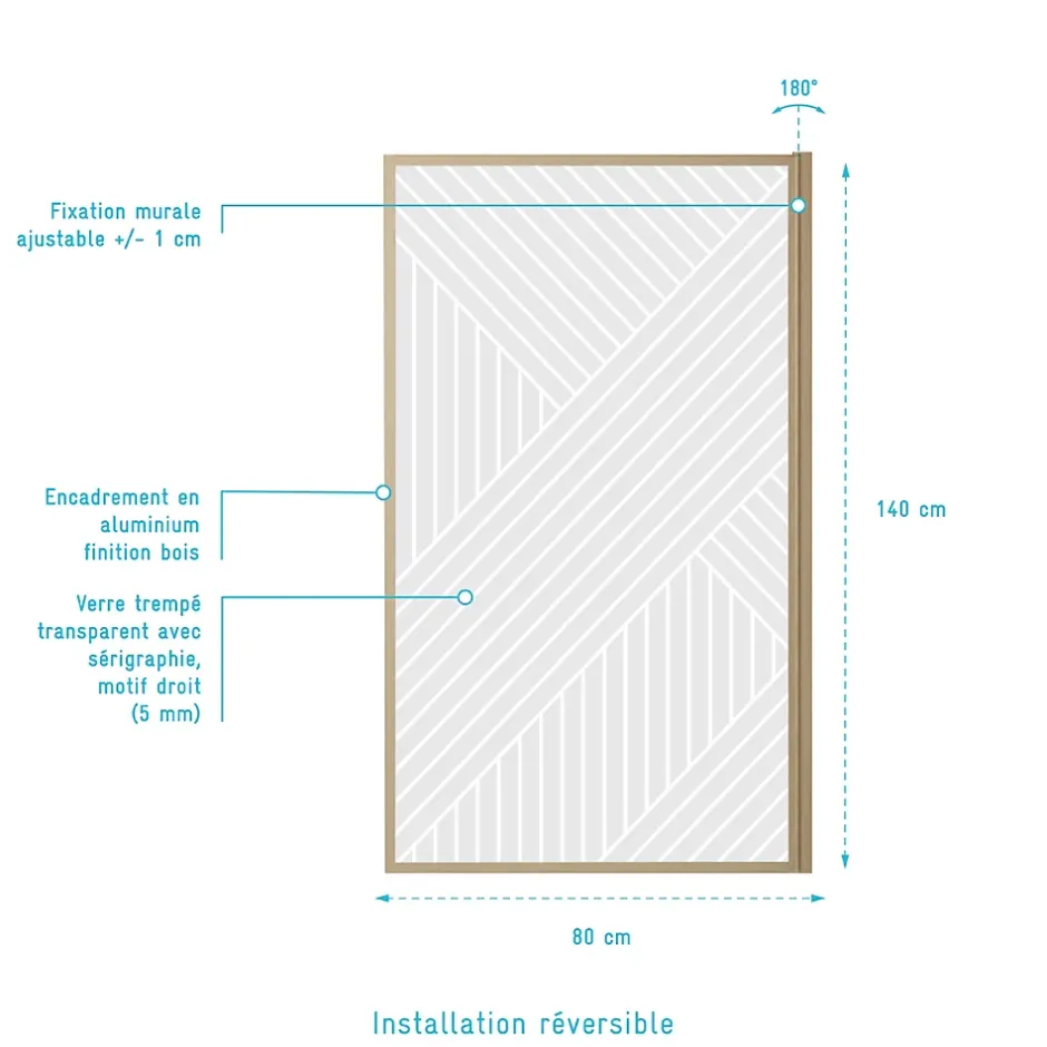 Aurlane Pare baignoire pivotant 140x80 cm HINATA - style Japandi géométrique - Cadre effet bois - Verre 5 mm* Pare-Baignoire