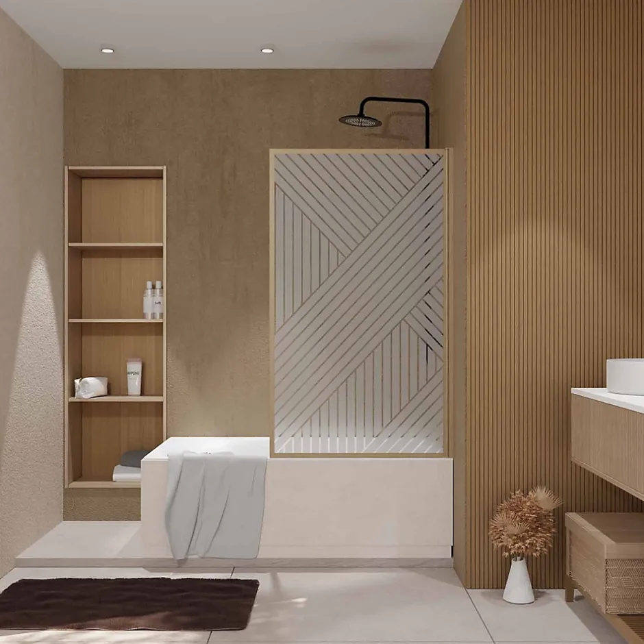 Aurlane Pare baignoire pivotant 140x80 cm HINATA - style Japandi géométrique - Cadre effet bois - Verre 5 mm* Pare-Baignoire