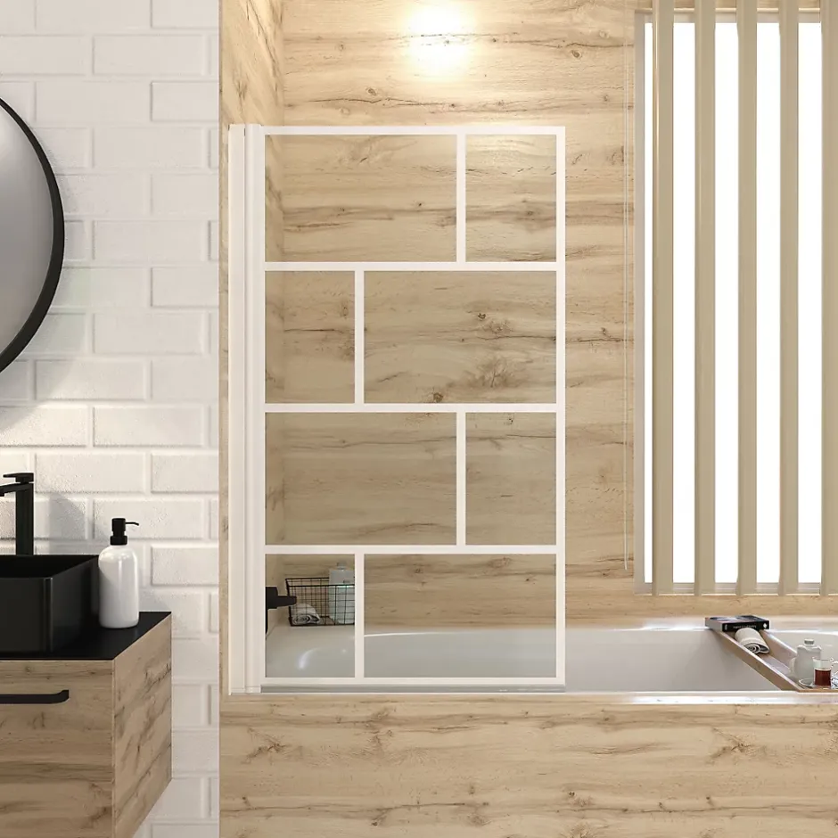 Aurlane Pare Baignoire Rabattable 80x140cm - Sérigraphie Briques Blanches - Verre Trempé 4mm* Pare-Baignoire
