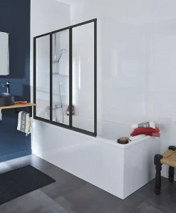 Schulte Pare-baignoire à coller pivotant 3 volets pliables, 127 x 140 cm, style verrière industrielle, verre transparent 3mm, profilé noir mat, Golf* Pare-Baignoire
