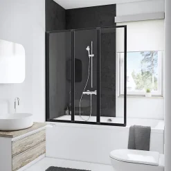 Schulte Pare-baignoire à coller pivotant 3 volets pliables, 127 x 140 cm, style verrière industrielle, verre transparent 3mm, profilé noir mat, Golf* Pare-Baignoire