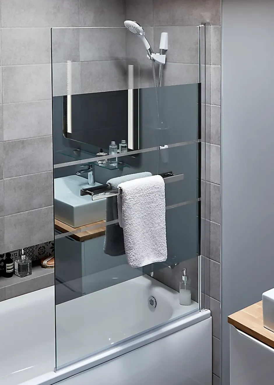 GoodHome Pare-baignoire 1 volet verre miroir anticalcaire Nubia H. 150 x l. 95 cm