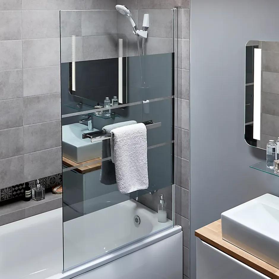 GoodHome Pare-baignoire 1 volet verre miroir anticalcaire Nubia H. 150 x l. 95 cm