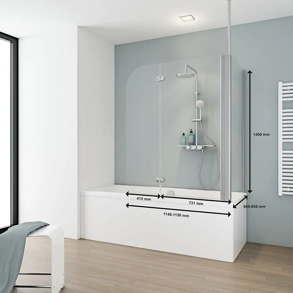 Schulte Pare-baignoire avec retour fixe - 70x115x140cm - rabattable - 2 volets pivotants - verre 5 mm - alu-argenté* Pare-Baignoire