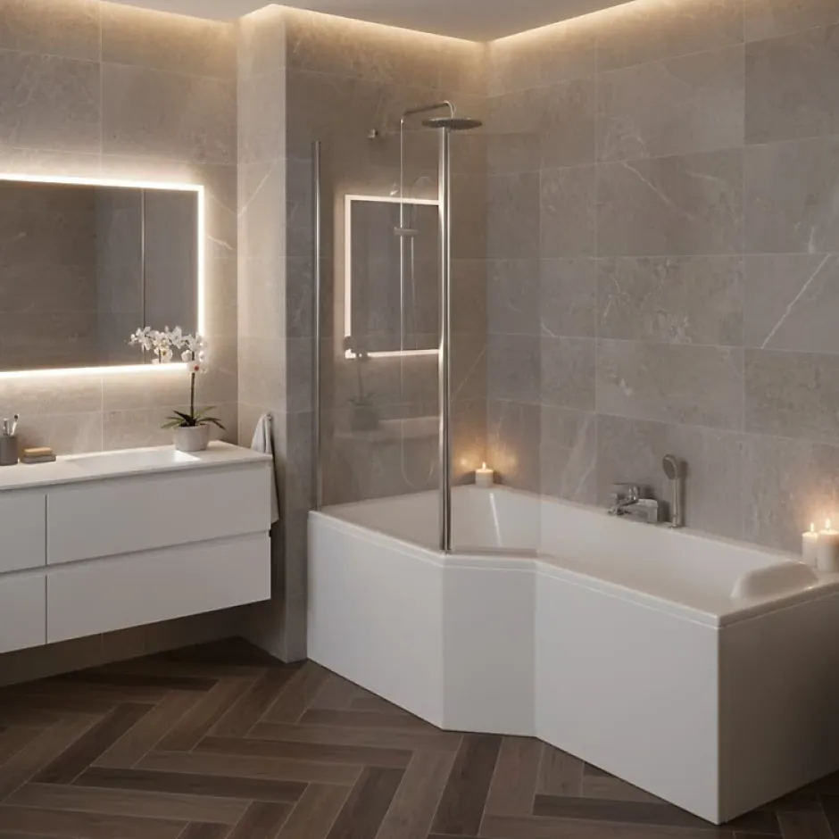 Allibert Pare-baignoire fixe avec volet pivotant design 107 x 140 cm aluminium chromé verre 5 mm - Oblik