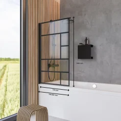 Schulte Pare-baignoire pivotant 1 volet, 80 x 140 cm, style verrière industrielle, verre transparent anticalcaire 5 mm, profilé noir mat, Atelier* Pare-Baignoire