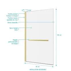 Galedo Pare-baignoire pivotant 150 x 85 cm, profilés alu doré brossé, porte-serviette, Prime* Pare-Baignoire