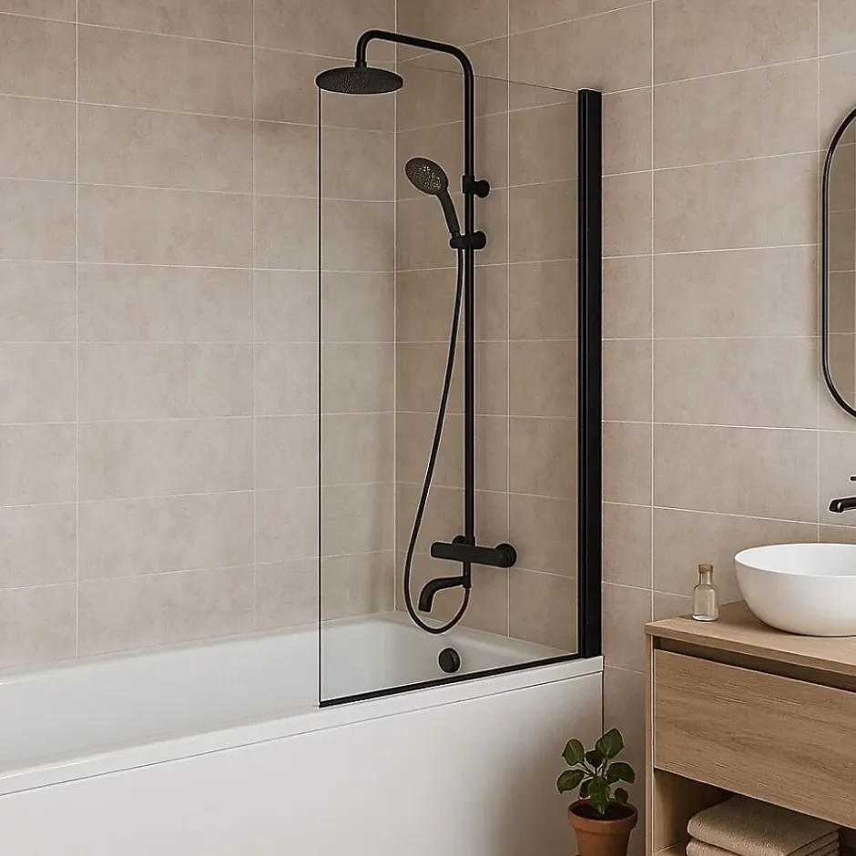 Essebagno Pare-Baignoire pivotant verre transparent anticalcaire et aluminium 80 x 140 noir* Pare-Baignoire