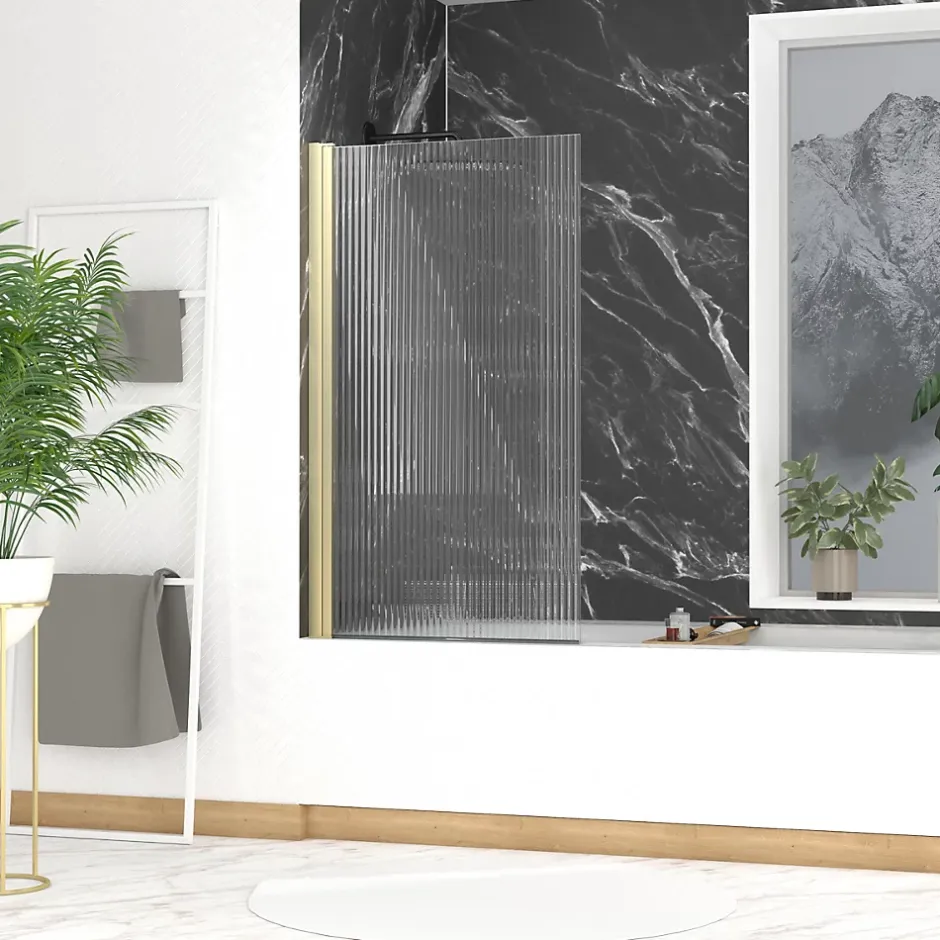 Galedo Pare-baignoire rabattable 140 x 80 cm, profilés alu doré, verre ondulé, Wave* Pare-Baignoire
