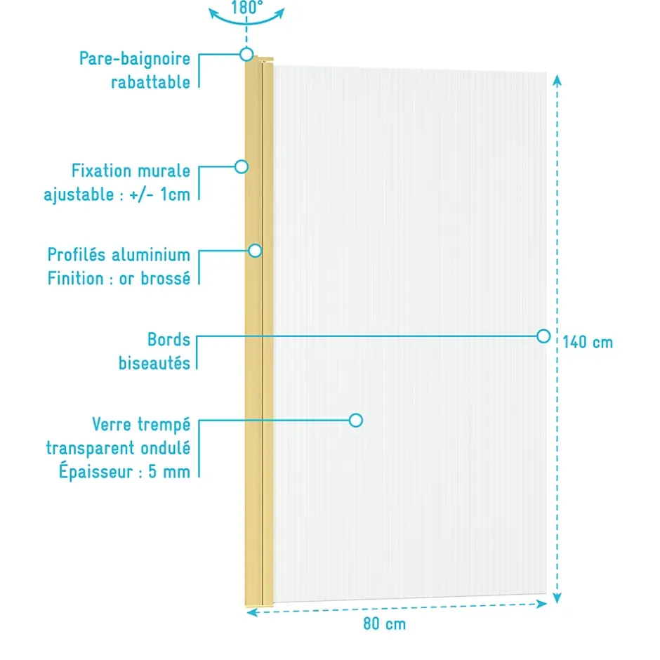 Galedo Pare-baignoire rabattable 140 x 80 cm, profilés alu doré, verre ondulé, Wave* Pare-Baignoire