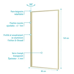 Galedo Pare-baignoire rabattable 140 x 80 cm, profilés alu doré brossé, Golden Edge* Pare-Baignoire